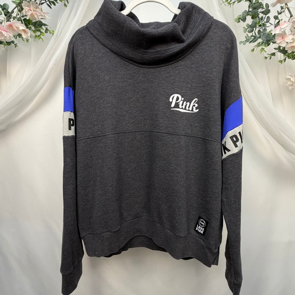 Victoria's Secret PINK Funnel Neck Sweatshirt Gray Blue Logo Tape Pullover Large